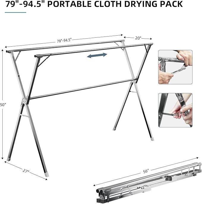 95" Clothes Drying Rack,Laundry Drying Rack Clothing for Indoor Outdoor | Adjustable Heavy Duty Stainless Steel Drying Rack, Foldable Portable Large Clothes Rack Garment Rack with 20 Windproof Hooks