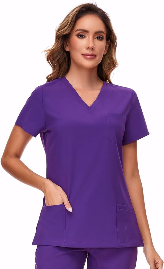 Scrubs Tops for Woman - Soft Stretch, V-Neck Tops | 3 Pockets, Side Split Design, Short Sleeve, Breathable & Lightweight Nursing Shirt, Easy-Care Fabric for All-Day Comfort