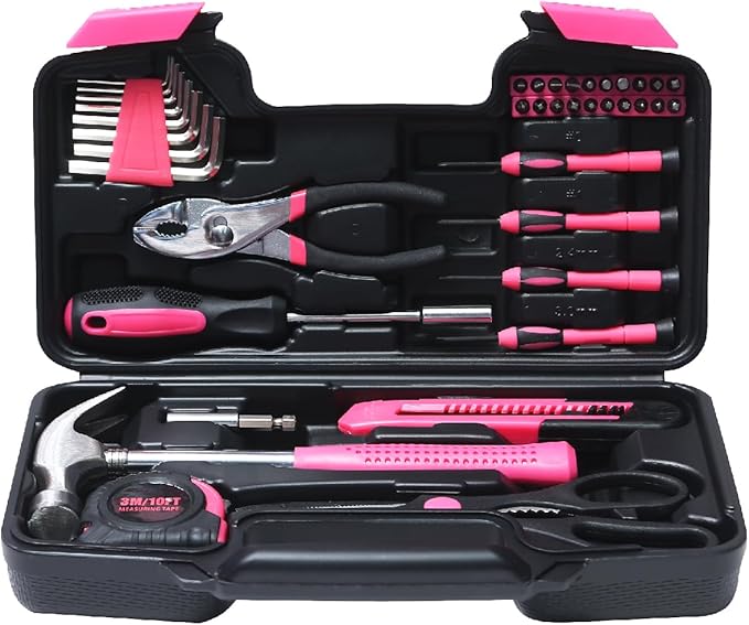 39 Piece Basic Tool kit for Women, All Purpose Pink Tool ser Household Hand Tools with Toolbox for Home Repairs, College Dorm Essentials, DIY Crafts & Gifts