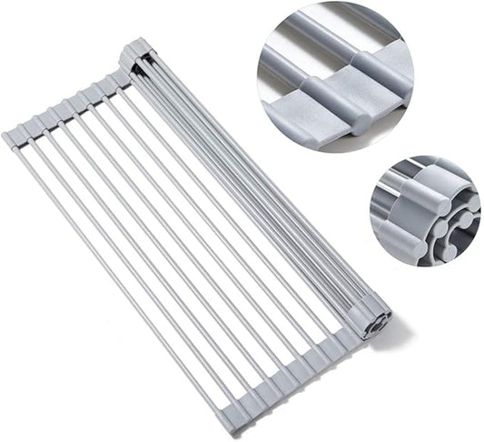 Roll Up Dish Drying Rack Over The Sink.Foldable Kitchen Drainer,Fully Silicone Cover Stainless Steel Bar,Heat-Resistant, Anti-Slip Sink Rack for Kitchen Counter Multipurpose.
