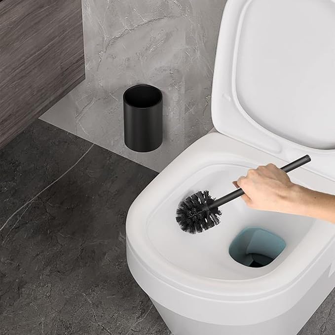 Stainless Steel Toilet Brush & Holder Set, Black, Silicone Bristles, Bathroom Cleaning Tools