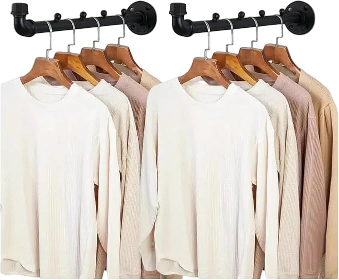 Homeyeeng Industrial Wall Pipe Clothes Bar - Heavy Duty Metal Coat Hanger with Hook, Wall-Mounted Garment Holder Racks,Wall Clothing Racks/Hanging Rail, 4Pcs