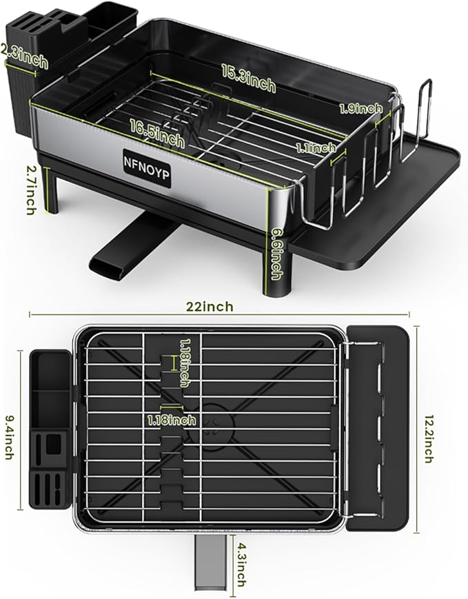 Dish Drying Rack, 304 Stainless Steel Dish Rack and Drainboard Set, Rustproof Dish Drainer with Anti-Pooling Automatic Drainage, Large Capacity Kitchen Counter Organizer, Black