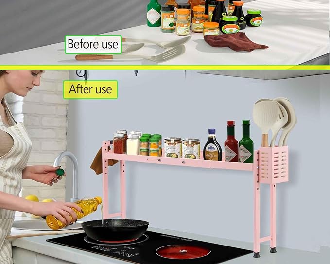 Horynar Over Stove Shelf Stove Top Organizer Shelf for Kitchen with Extra Basket and Hooks Adjustable 27 to 32 Inches Pink Over the Sink Spice Rack for Countertop (Pink)