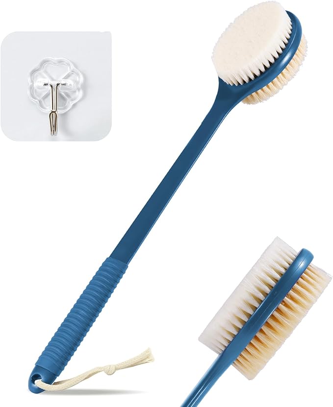 VANZAVANZU 17 Inch Anti-Slip Long Handle Back Scrubber for Shower – Dual-Sided Shower Brush and Shower Back Scrubber with Soft and Stiff Bristles for Wet or Dry Brushing (Navy Blue)