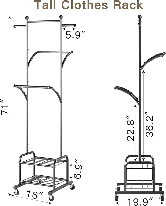 Rolling Clothes Rack with 2 Metal Shelves, 71" Portable Clothing Rack with Wheels, Small Garment Rack with 2 Side Hanging Rods, Freestanding Coat Rack for Laundry Room, Bedroom, Black