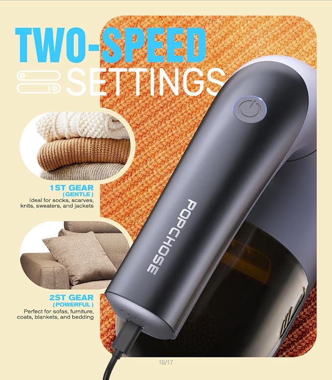 POPCHOSE Fabric Lint Shaver, 6-Leaf Blades & 2 Speed, 2000mAh Rechargeable | Lint Remover for Clothes, Sweater Shavers to Remove Pilling, Electric Lint Remover for Couch, Furniture, Fuzz