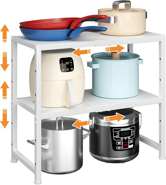 2-Tier Expandable Kitchen Storage Shelf,150LBS Heavy Duty Metal Shelving Units For Small Appliance,Adjustable Pots and Pans Organizer Rack Shelves For Kitchen Counter Under Cabinet Garage Pantry,White