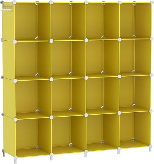 AWTATOS Cube Storage Organizer, Closet Organizers Storage Shelf, 16 Cube | DIY Stackable Storage Cube Shelves, Plastic Clothes Organizer Shelving for Bedroom, Home Office, Yellow