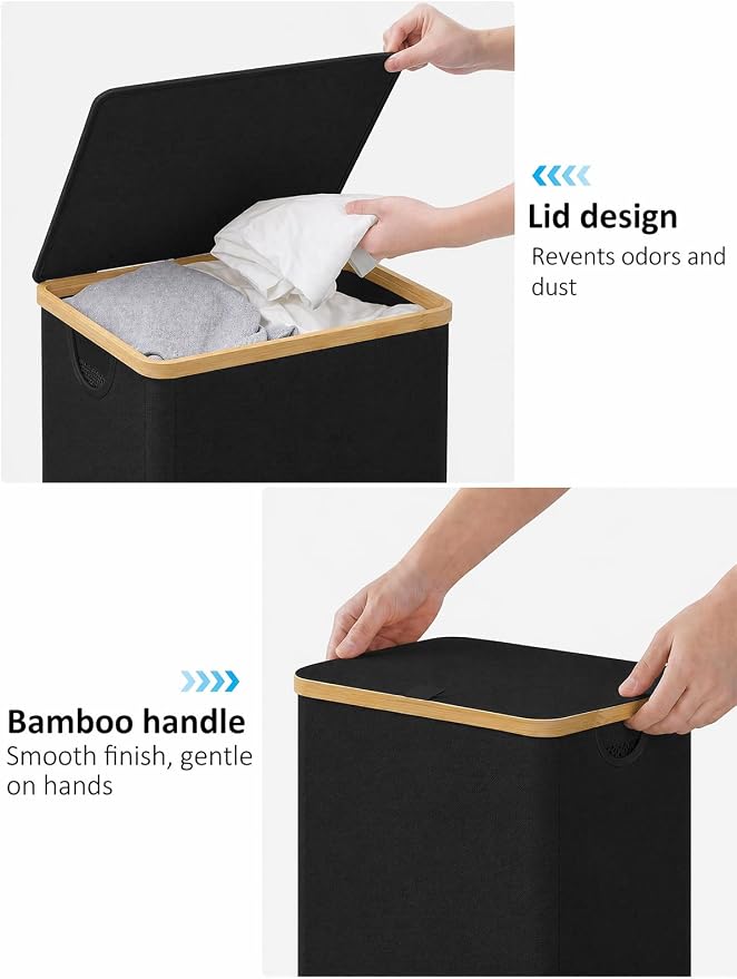 IEGrow Laundry Hamper with Lid,110L Laundry Basket with 2 Mesh Bags,Black | Dirty Clothes Hamper Basket with Bamboo Handle for Clothes Towels Organization