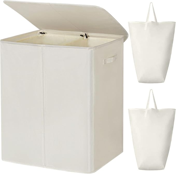 WOWLIVE 154L Double Laundry Hamper 2 Section with Lid and Removable Bags | Divided Laundry Basket, Large Dirty Clothes Hamper with Handle, Collapsible Laundry Storage for Dorm Room, College, Beige