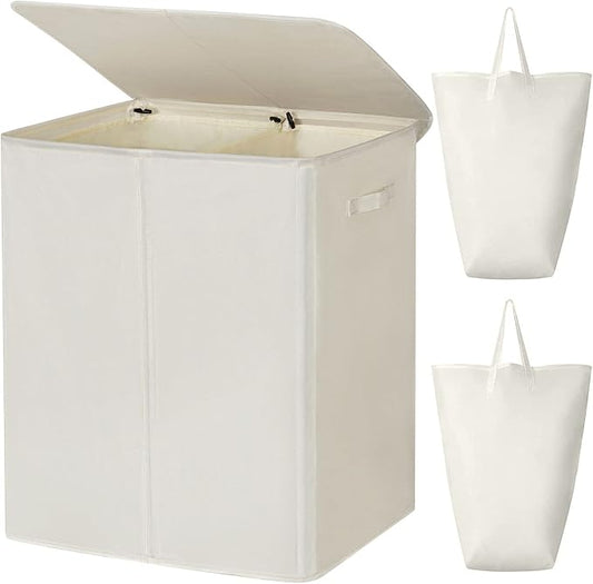 WOWLIVE 154L Double Laundry Hamper 2 Section with Lid and Removable Bags | Divided Laundry Basket, Large Dirty Clothes Hamper with Handle, Collapsible Laundry Storage for Dorm Room, College, Beige
