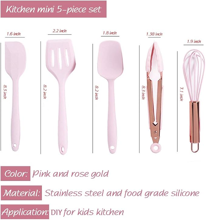 Collfa Rose Gold And Pink Kitchen Utensil Small Five-Piece Set Mini Silicone Kids Kitchen Tools Whisk Spatula Tongs Spoon And Slotted Spatula(Kids Baking Supplies)