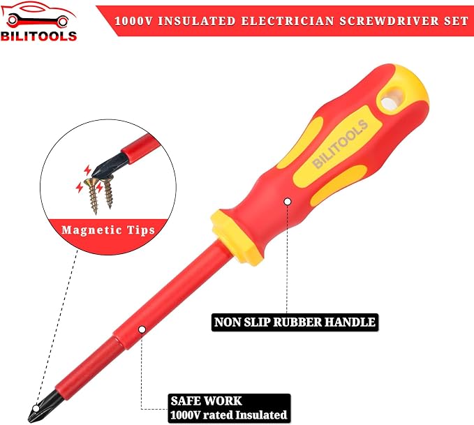 BILITOOLS 1000V Insulated Electrician Screwdriver & Pliers Set - 7pcs Electrical Tools Kit with Magnetic Phillips, Slotted Screwdrivers, VDE & GS Certified