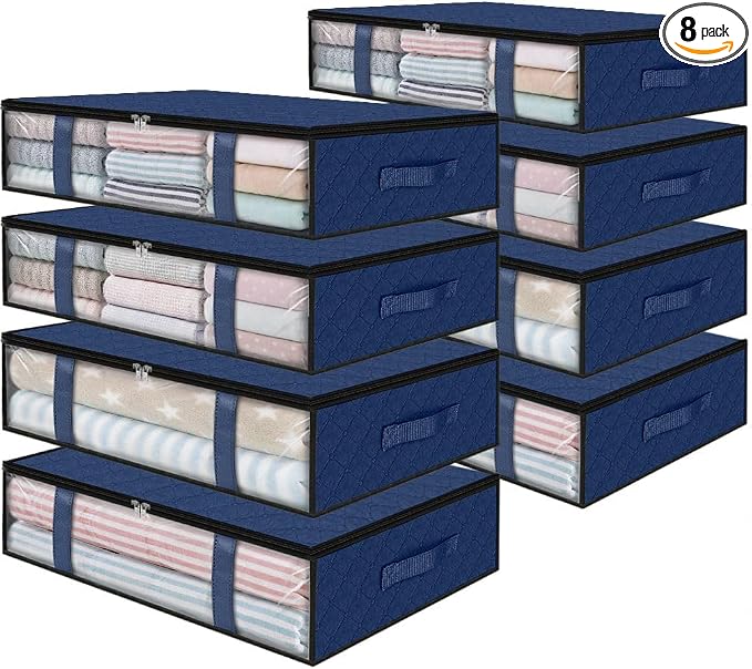 StorageRight Under Bed Storage Bags, 8 Pack, 40L, Blue | Breathable Non-Woven Fabric with a Clear Window and Zippered Top for Clothes, Comforters, Blankets and Seasonal Storage