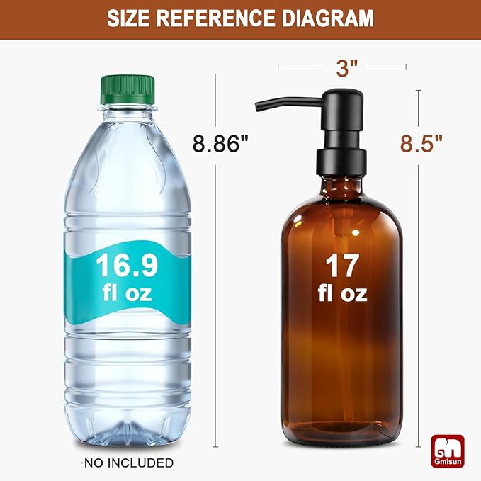 GMISUN Amber Glass Soap Dispenser, 8 Pack Bathroom Hand Soap Dispensers | 17 Fl Oz Kitchen Hand and Dish Soap Dispenser Set with Stainless Steel Pump, Modern Vintage Liquid Brown Soap Bottle
