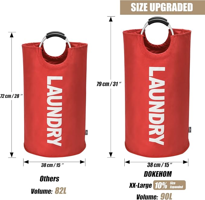 DOKEHOM 90L Large Laundry Basket Bag, Collapsible Tall Hamper, Red | Freestanding tall washing bin & foldable laundry bag. High-capacity clothes storage basket with durable sturdy handles