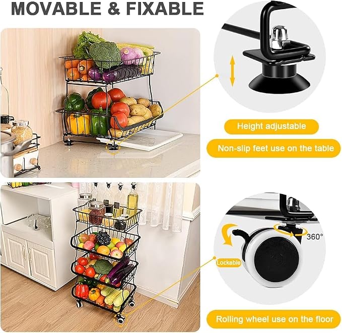 Fruit Vegetable Storage Basket, 4 Tier Stackable Metal Wire Storage Baskets with Wheels, Fruit Vegetable Produce Basket Organizer Bins for Kitchen, Pantry, Bathroom