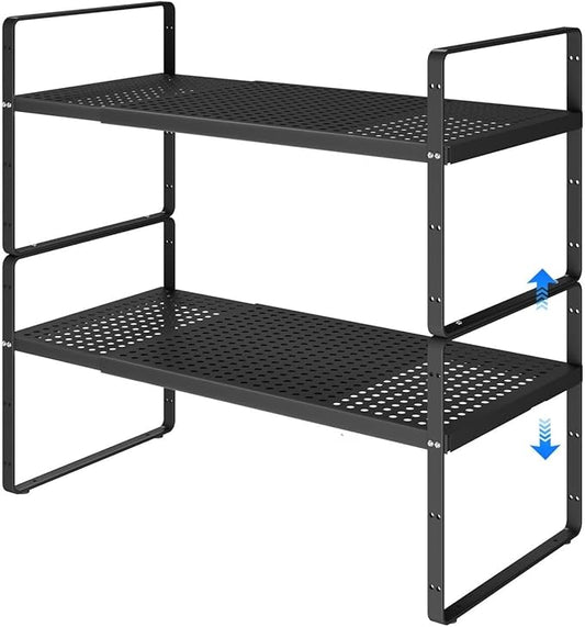 Expandable Kitchen Shelf Organizers, Kitchen Cabinet Organizer Stand Rack Organization for Countertop Office Desktop Spice Rack, Black 2 Pack