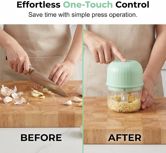 Household Electric Garlic Chopper, 260ml Portable Mini Food Processor with 6 Stainless Steel Blades, USB Rechargeable Small Veggie Cutter for Garlic, Onion, Ginger, Chili, Nuts & Meat (Green)