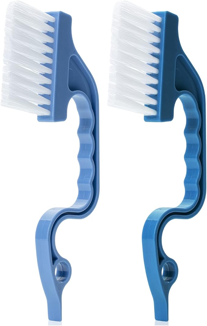 Slick- Window Track Cleaning Brush, 2 Pack, Blue Ergonomic Handle | Built-in Scraper, Multipurpose Window Track Cleaning Tool for Sliding Doors, Windows, Corners, Dust, Dirt & Narrow Gaps