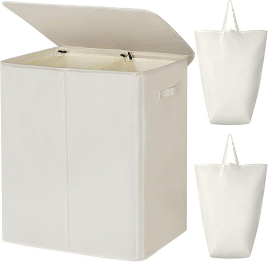 WOWLIVE 140L Double Laundry Hamper 2 Section with Lid and Removable Bags | Divided Laundry Basket, Large Dirty Clothes Hamper with Handle, Collapsible Laundry Storage for Dorm Room, College, Beige