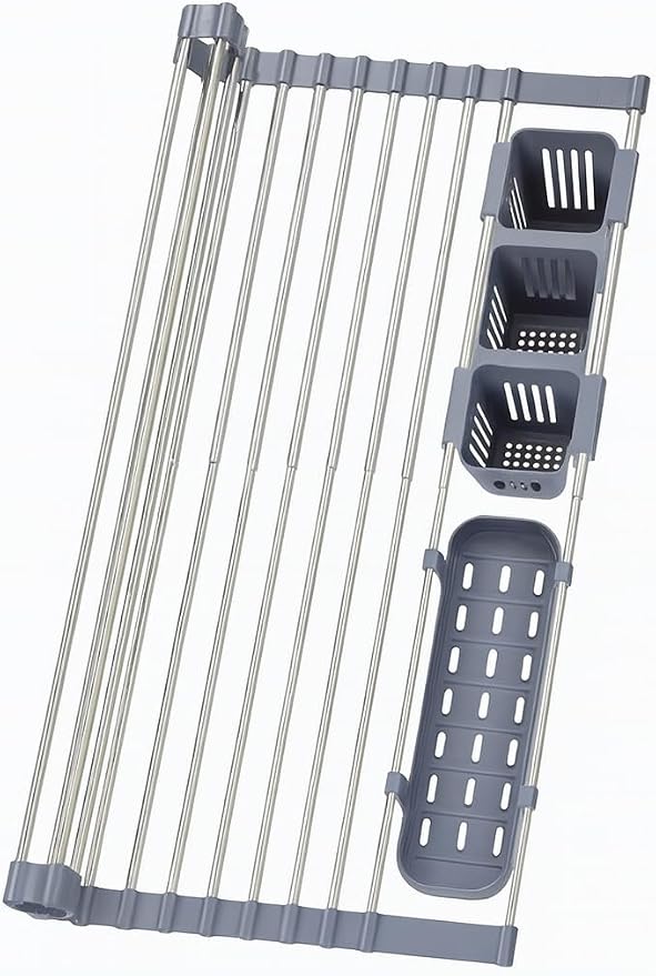 Gabrielline Expandable Roll Up Dish Drying Rack for Kitchen Sink, 21.6” x 12.7” Stainless Steel Over Sink Drying Mat with Utensil Holder & Drip Tray, Space Saving Heavy Duty Kitchen Rack Set