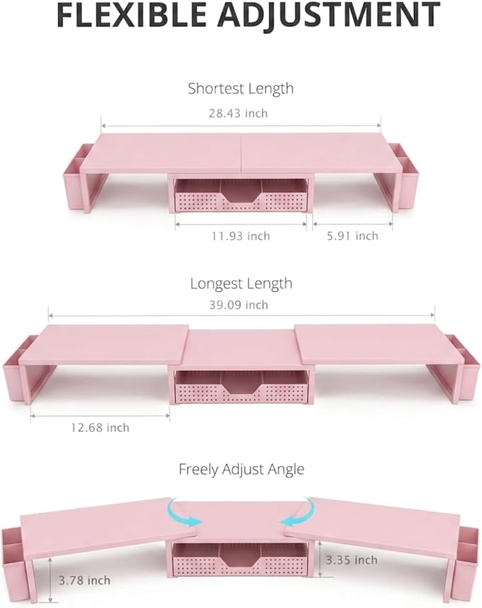 OPNICE Desk Organizers and Accessories, Dual Monitor Stand Riser with Drawer and 2 Pen Holders, Desk Shelf Computer Racks for Office Workspace Organizers, Desktop Organization (Peach-pink)