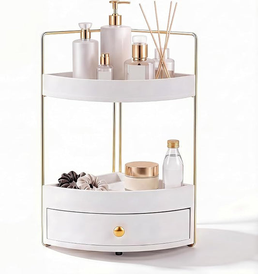 AceOrbit 2-Tier Corner Bathroom Counter Organizer with Drawer, Wood Vanity Countertop Shelf for Skincare, Makeup, Perfume and Toiletry Storage, Space-Saving Bathroom Sink Organizer, White and Gold