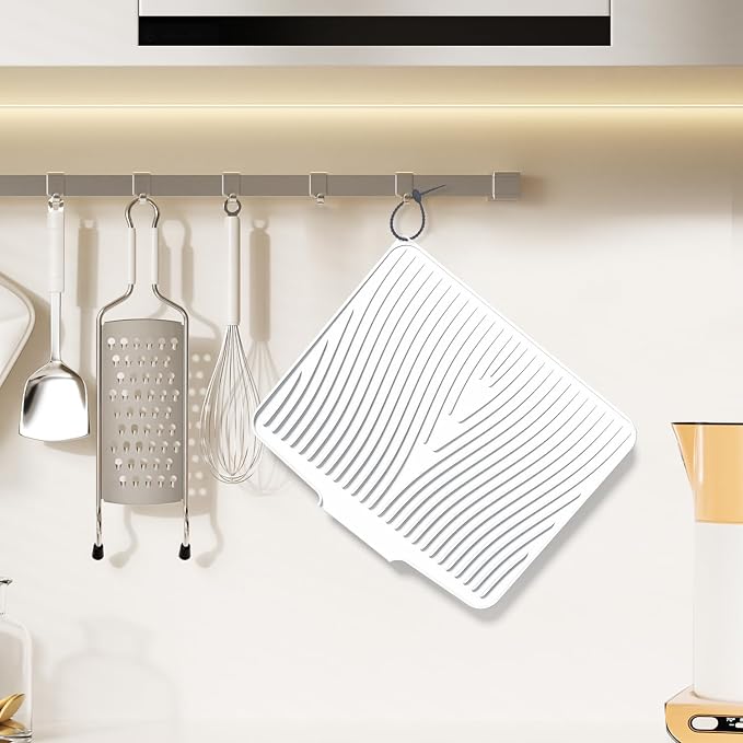 Silicone Dish Drying Mat for Kitchen counter, 15.8"x13" Extra Large Non-Slip Drain Pad with Built-in Drainage, Heat Resistant Dishwasher Safe, Ivory