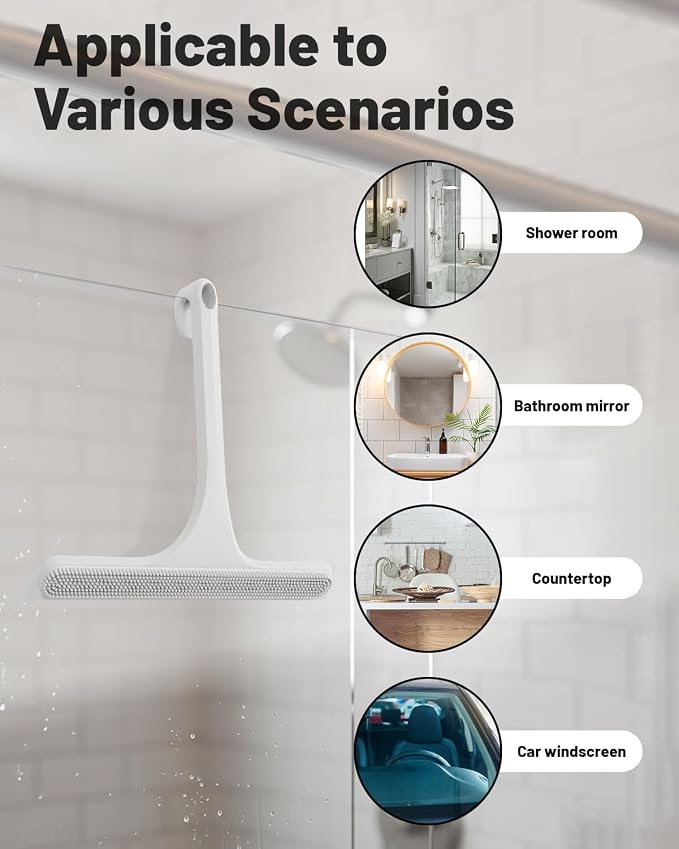 2-in-1 Silicone Shower Squeegee with Hook,Dual-Sided Design with Scraper & Scrub Surface,Streak-Free Bathroom Squeegee for Glass Doors,Mirrors,Windows,Car Windshields (White)