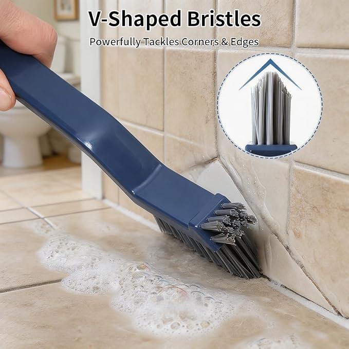 3-in-1 Grout Brush and Crevice Cleaner,with V-Shaped Bristles & Hair Clip-Multi-Surface Gap Cleaning Tool for Bathroom Tiles,Kitchen,Window Tracks,and Narrow Corners (Blue)