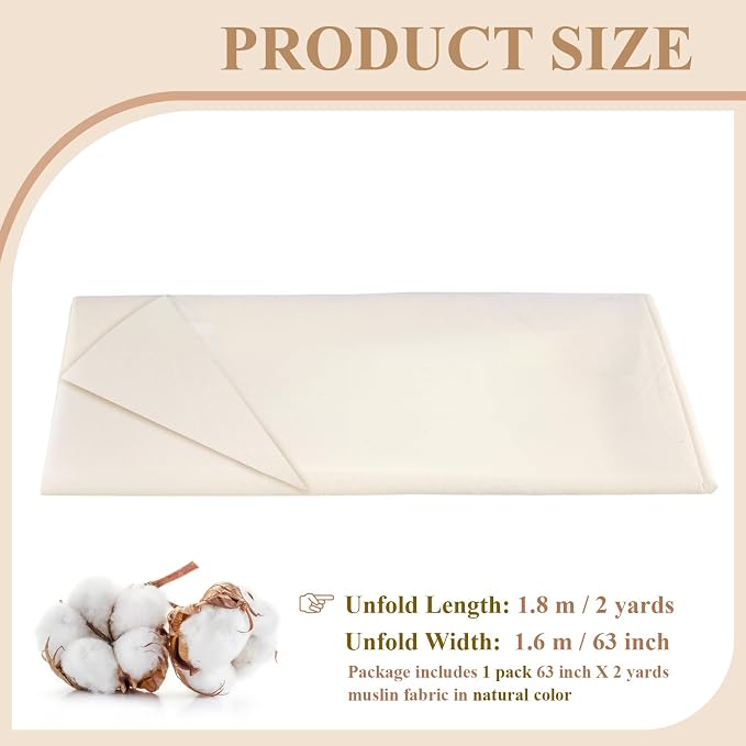 100% Cotton Muslin Fabric, 63 Inch X 2 Yards Unbleached Fabric by The Yard | Medium Weight, Easy Care, Fabric for Sewing Embroidery , Garments, Crafts Material, Apparel Cloth
