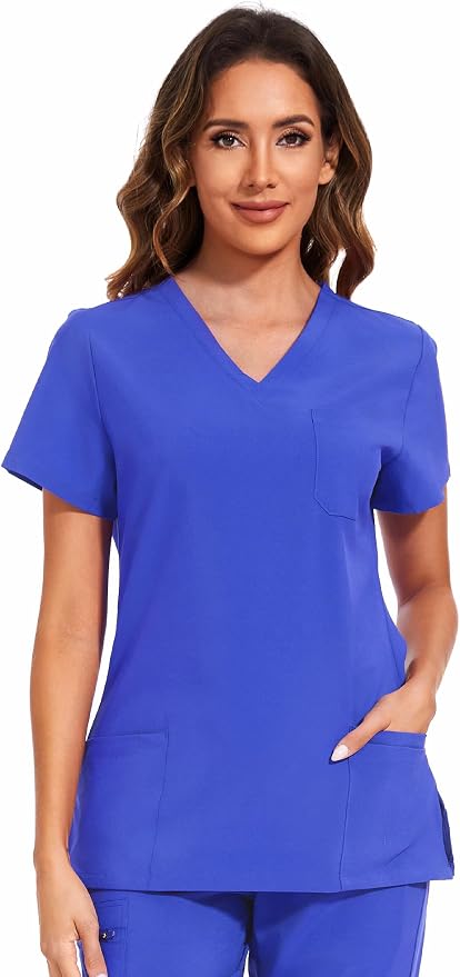 Scrubs Tops for Woman - Soft Stretch, V-Neck Tops | 3 Pockets, Side Split Design, Short Sleeve, Breathable & Lightweight Nursing Shirt, Easy-Care Fabric for All-Day Comfort