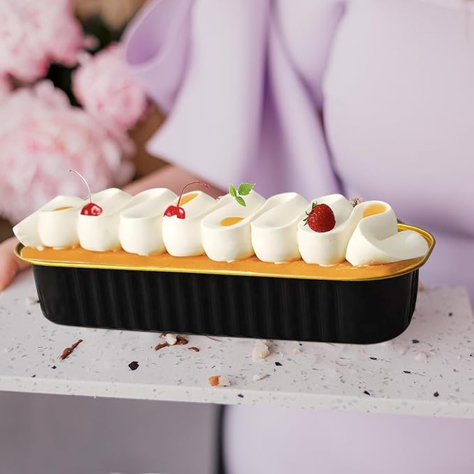 100 Pack Mini Cake Pans with Lids and Spoons, Mini Loaf Baking Pans 6.8oz, Small Disposable Aluminum Foil Loaf Pans, Rectangular Baking Container for Party and Picnics, Cheesecake Pan (Black)