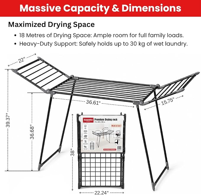 Clothes Drying Rack Foldable, Heavy Duty Metal Laundry Drying Rack for Indoor & Outdoor Use, Large Foldable Clothes Dryer Rack with 30KG Load Capacity, Space Saving Clothing Drying Rack