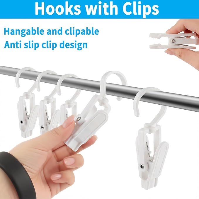 20 PCS Laundry Hooks with Clips Super Strong Plastic Home Travel Swivel Hanging Hanger Closet Organizer Clamps Socks Boot Bras Towels for Bathroom Wardrobe Kitchen Office - 4.3 Inches (White)