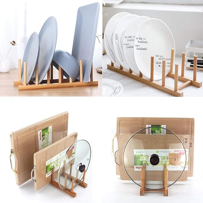 Bamboo Wooden Plate Racks Dish display Holder Kitchen Storage, Pack of 4 | Cabinet Organizer for Dish / Plate / Bowl / Cup / Pot Lid / Cutting Board/ Book (vertical)