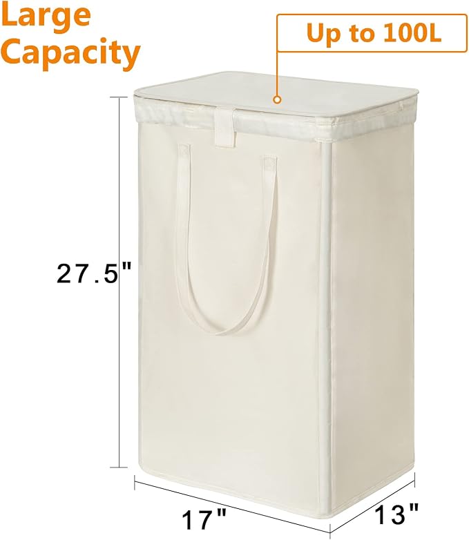 WOWLIVE 100L Laundry Hamper with Lid, Tall Dirty Laundry Basket for Dorm | Large Collapsible Dirty Clothes Hamper with 2 Removable Bags and Handles for Laundry Room, College Dorm, Beige