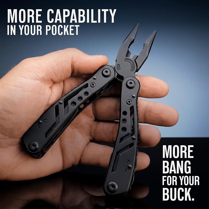 24-in-1 Multitool with Knife, Pliers & 11 Magnetic Bits - Black Stainless Steel Multi Tool for Camping, Hiking, EDC - Gift for Men 2238B