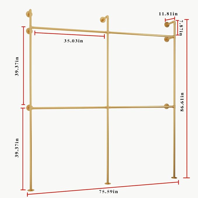 ORSENIGO Industrial Pipe Clothing Rack, Heavy Duty Metal Clothes Rack with Double Rods for Hanging Clothes, Wall Mount Space-Saving Garment Display Rack (Double, Gold)
