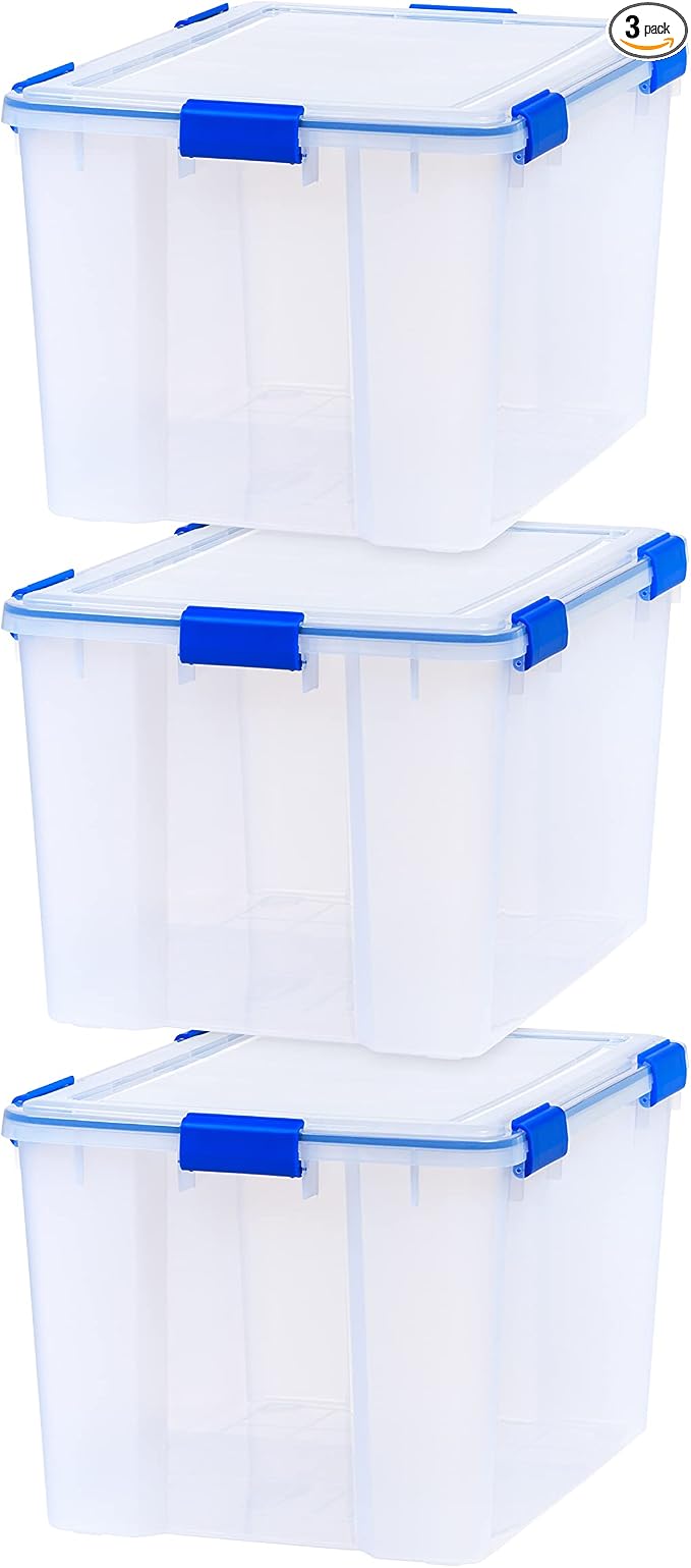 IRIS USA WeatherPro 74 Qt Storage Bins with Lids, 3 Pack, BPA-Free Plastic Gasket Box with Tight Latch and Seal, Stackable Nestable Tote Tub - Clear/Blue