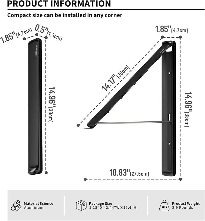 Folding Clothes Hanger Rack Wall mounted for Laundry Clothes Drying Rack | Foldable Hanger Rack Laundry Hanger Dryer Rack, Easy to Install, Closet Storage Organization, Space Saving Aluminium, Black