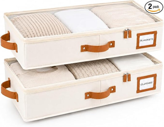 HOMELUX THEORY 2pc Under Bed Storage Containers, Bedroom Under the Bed Drawer Storage Organizer with Bins and Lids, Medium Underbed Clothes Storage Box Ideal for Blanket, Fabric, & Shoes (Ivory)