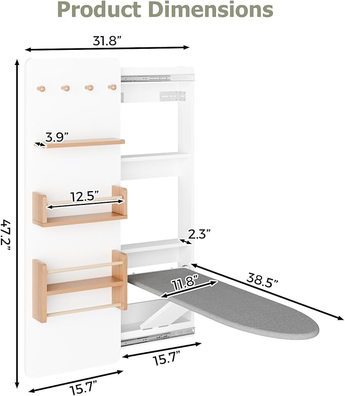 Kikihouse Wall Mounted Ironing Board Cabinet with Storage, Foldable Wall Ironing Board with Sliding Door, Wall Mount Space Saving Ironing Station for Laundry Room, Living Room, Entrance