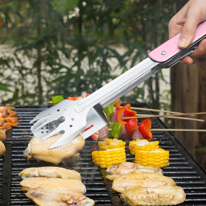 ROXON S601 6-in-1 Folding Grill Tool Set, 14" BBQ Utensils for Camping Pink | Includes Fork, Spatula, Knife, Tongs, Bottle Opener & Corkscrew. LFGB Certified, Dishwasher-Safe, Portable for Outdoor BBQ