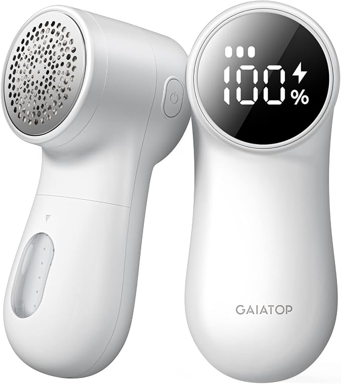GAIATOP Fabric Shaver Rechargeable Lint Remover, 3 Speeds Sweater Defuzzer | Fuzz Pills Bobbles Trimmer, Cute Digital Screen Large Storage 6-Leaf Blades, for Clothes Furniture Bedclothes White 1 pcs