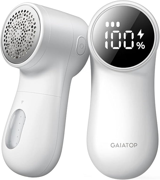GAIATOP Fabric Shaver Rechargeable Lint Remover, 3 Speeds Sweater Defuzzer | Fuzz Pills Bobbles Trimmer, Cute Digital Screen Large Storage 6-Leaf Blades, for Clothes Furniture Bedclothes White 1 pcs