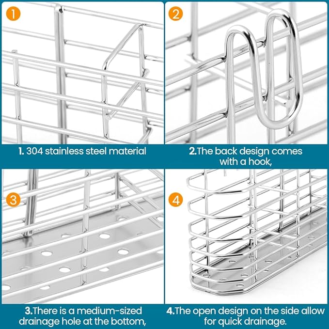 Utensil Drying Rack, 304 Stainless Steel Dish Drying Rack with Hook, 3 Divided Compartments Drainage Basket, No Drilling Kitchen Tableware Organizer(Silver)