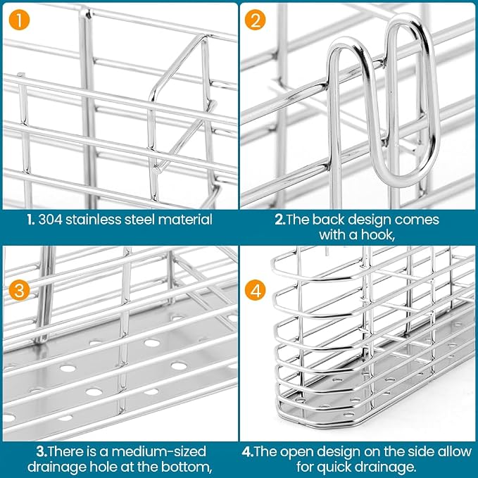 304 Stainless Steel Utensil Drying Rack Holder, 3-Compartment Kitchen Utensil Organizer Flatware Basket with Hooks for Dish Drying Rack, Sink Dish Drainer, Kitchen & Bathroom,7.87 x 1.57x 3.54inch